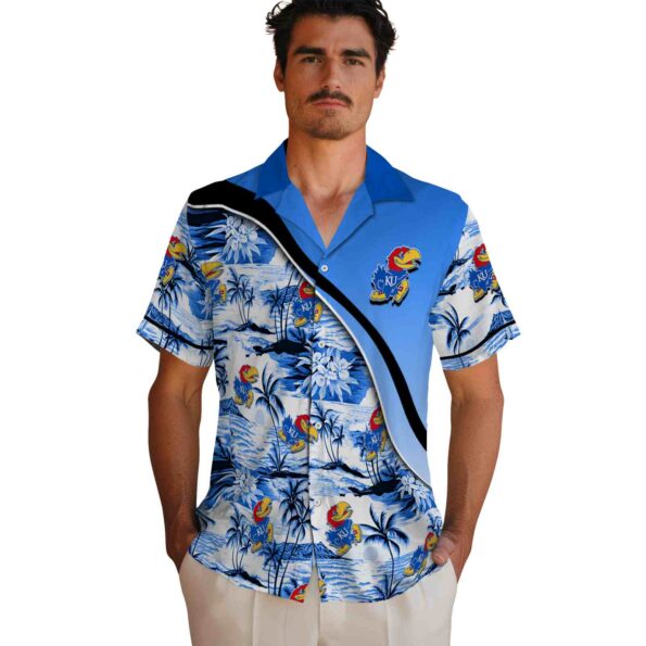 kansas-jayhawks-sunset-palms-blue-white-hawaiian-shirt-fashion-forward kansas jayhawks sunset palms blue white hawaiian shirt fashion forward