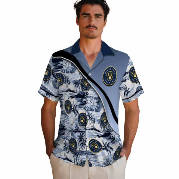 milwaukee-brewers-sunset-palms-navy-blue-white-hawaiian-shirt-fashion-forward milwaukee brewers sunset palms navy blue white hawaiian shirt fashion forward