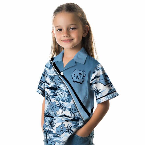 north-carolina-tar-heels-sunset-palms-light-blue-white-hawaiian-shirt-premium-grade north carolina tar heels sunset palms light blue white hawaiian shirt premium grade