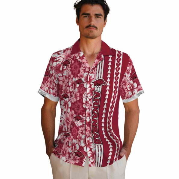 personalized arkansas razorbacks hibiscus arrows red white hawaiian shirt fashion forward