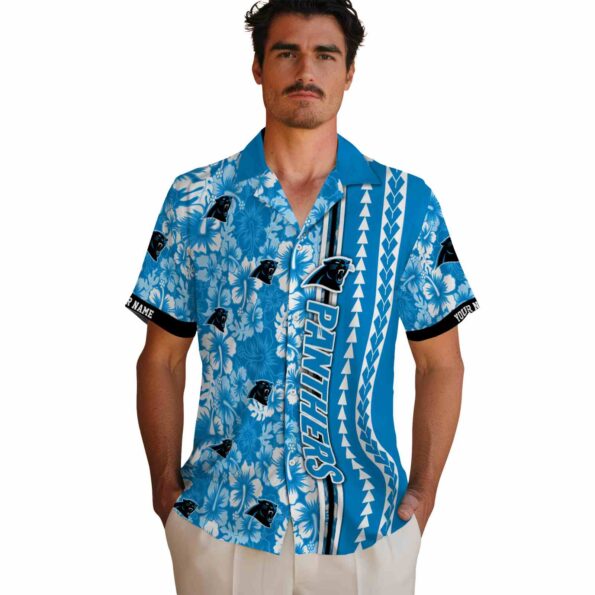 personalized carolina panthers hibiscus arrows blue white hawaiian shirt fashion forward