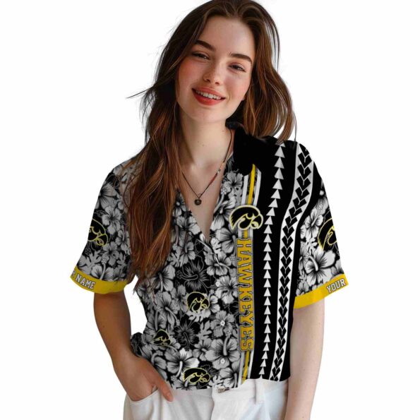 personalized-iowa-hawkeyes-hibiscus-arrows-black-white-hawaiian-shirt-latest-model personalized iowa hawkeyes hibiscus arrows black white hawaiian shirt latest model