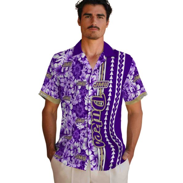 personalized james madison dukes hibiscus arrows purple white hawaiian shirt fashion forward