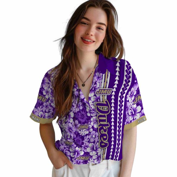 personalized james madison dukes hibiscus arrows purple white hawaiian shirt latest model