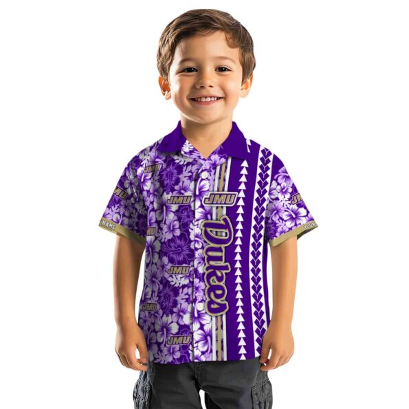 personalized james madison dukes hibiscus arrows purple white hawaiian shirt top rated