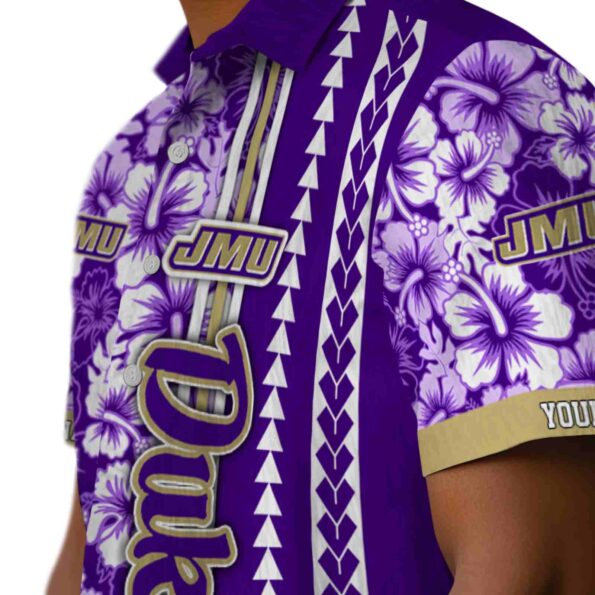 personalized james madison dukes hibiscus arrows purple white hawaiian shirt trendy