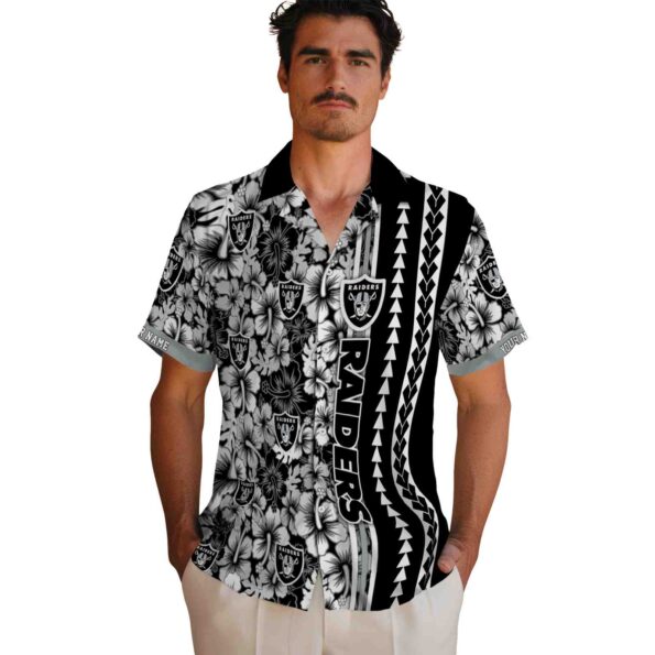 personalized-las-vegas-raiders-hibiscus-arrows-black-white-hawaiian-shirt-fashion-forward personalized las vegas raiders hibiscus arrows black white hawaiian shirt fashion forward
