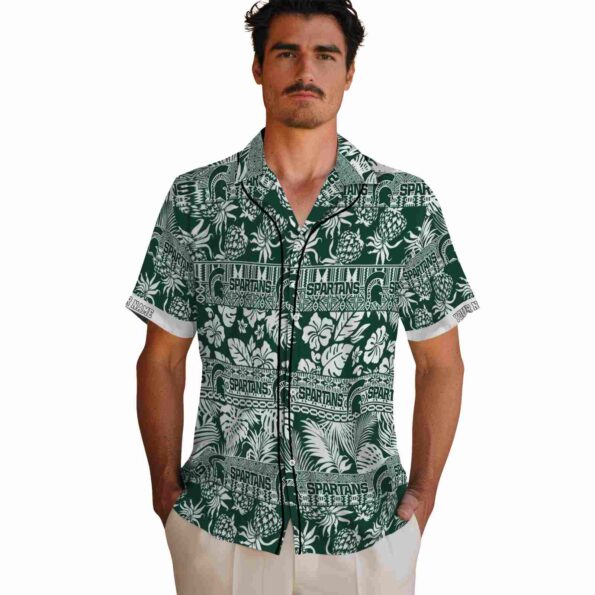 personalized-michigan-state-spartans-tribal-stripes-green-white-hawaiian-shirt-fashion-forward personalized michigan state spartans tribal stripes green white hawaiian shirt fashion forward