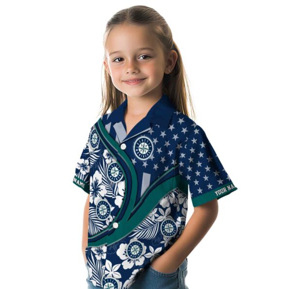 personalized seattle mariners floral wave navy blue white hawaiian shirt premium grade