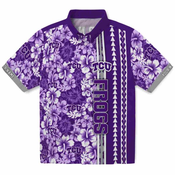 personalized-tcu-horned-frogs-hibiscus-arrows-purple-white-hawaiian-shirt-best-selling personalized tcu horned frogs hibiscus arrows purple white hawaiian shirt best selling
