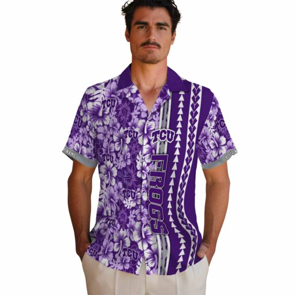 personalized-tcu-horned-frogs-hibiscus-arrows-purple-white-hawaiian-shirt-fashion-forward personalized tcu horned frogs hibiscus arrows purple white hawaiian shirt fashion forward
