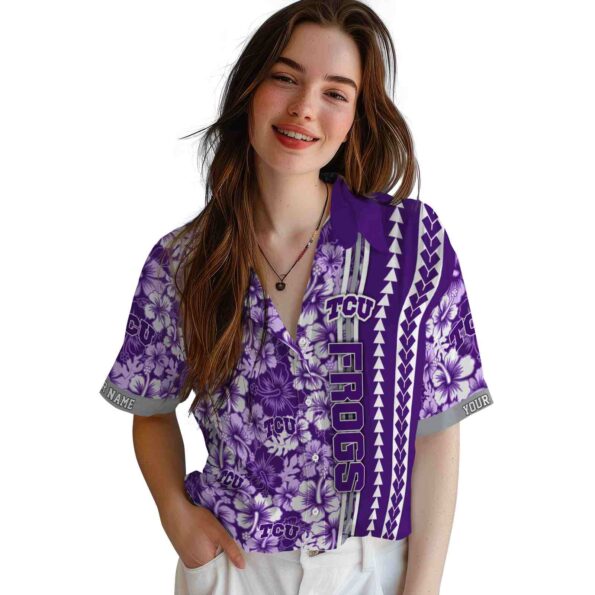 personalized-tcu-horned-frogs-hibiscus-arrows-purple-white-hawaiian-shirt-latest-model personalized tcu horned frogs hibiscus arrows purple white hawaiian shirt latest model
