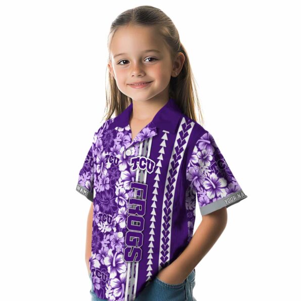 personalized-tcu-horned-frogs-hibiscus-arrows-purple-white-hawaiian-shirt-premium-grade personalized tcu horned frogs hibiscus arrows purple white hawaiian shirt premium grade
