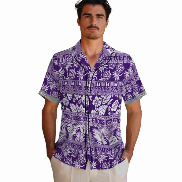 personalized tcu horned frogs tribal stripes purple white hawaiian shirt fashion forward