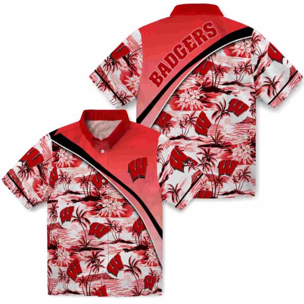wisconsin-badgers-sunset-palms-red-white-hawaiian-shirt-high-quality wisconsin badgers sunset palms red white hawaiian shirt high quality