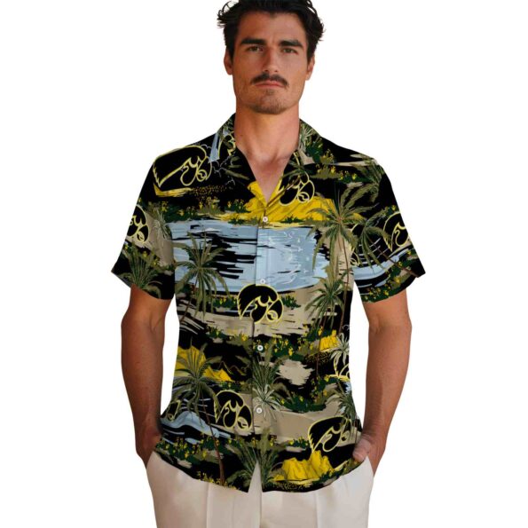 iowa-hawkeyes-palm-horizon-black-hawaiian-shirt-fashion-forward iowa hawkeyes palm horizon black hawaiian shirt fashion forward