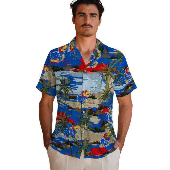 kansas jayhawks palm horizon blue hawaiian shirt fashion forward