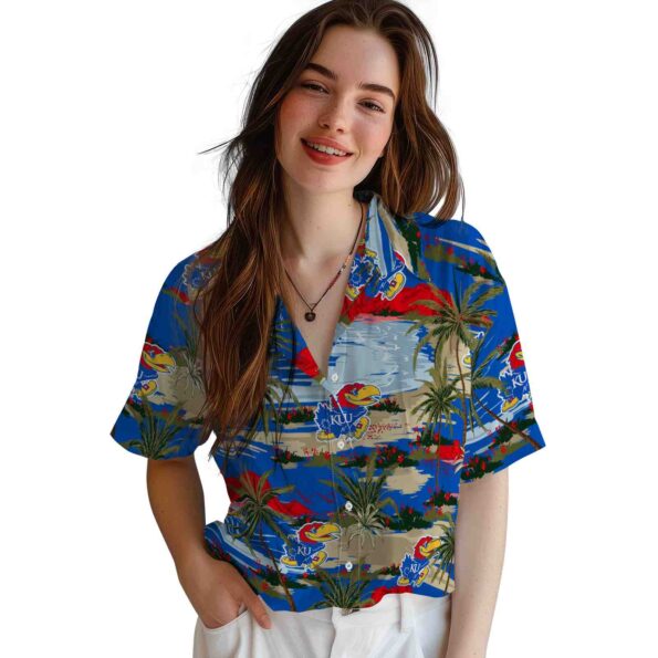 kansas jayhawks palm horizon blue hawaiian shirt latest model