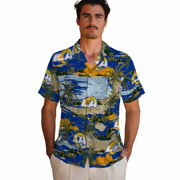 los-angeles-rams-palm-horizon-blue-hawaiian-shirt-fashion-forward los angeles rams palm horizon blue hawaiian shirt fashion forward