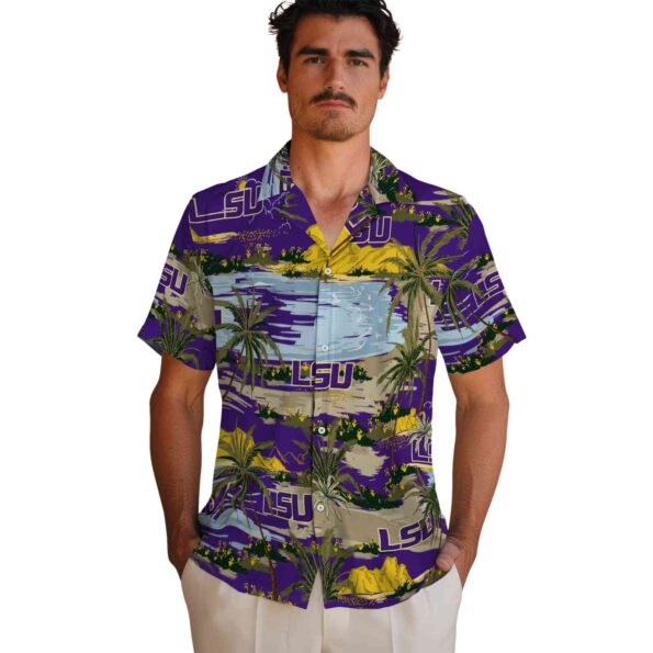 lsu tigers palm horizon purple hawaiian shirt fashion forward