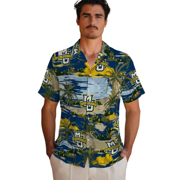 marquette golden eagles palm horizon blue hawaiian shirt fashion forward