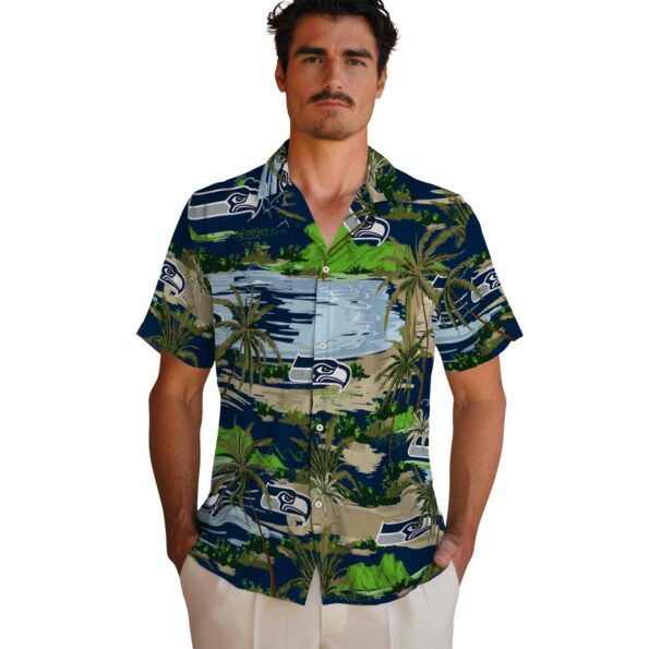 seattle seahawks palm horizon blue hawaiian shirt fashion forward