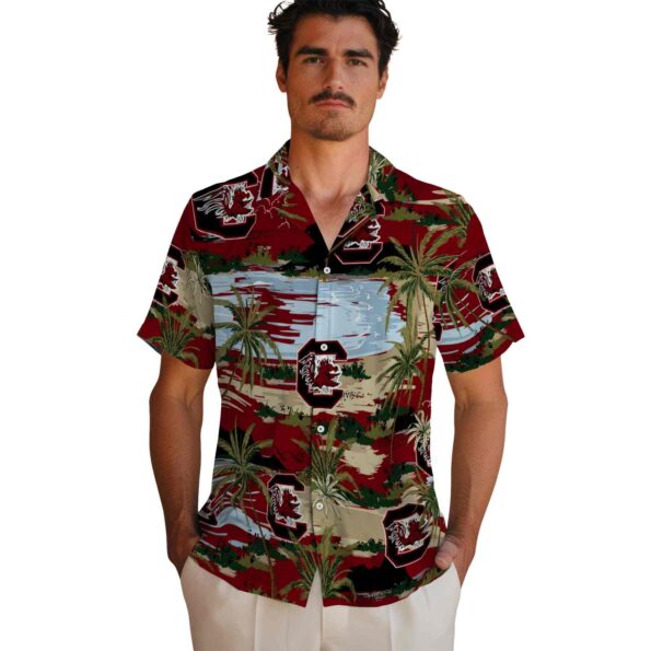 south-carolina-gamecocks-palm-horizon-garnet-hawaiian-shirt-fashion-forward south carolina gamecocks palm horizon garnet hawaiian shirt fashion forward
