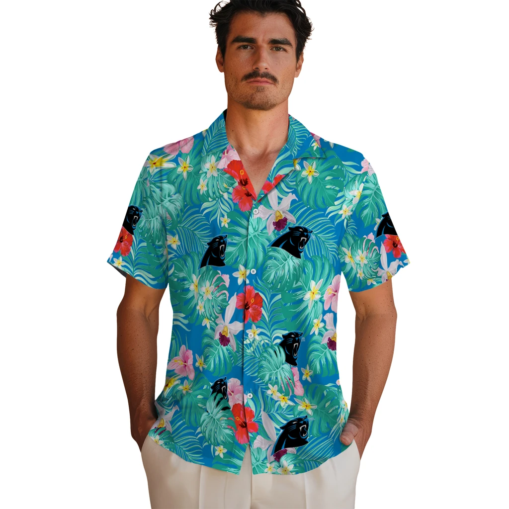 Carolina Panthers Hawaiian Shirt Custom Hibiscus Blossoms Blue Fashion Forward Carolina Panthers Hawaiian Shirt Custom Hibiscus Blossoms Blue Fashion Forward