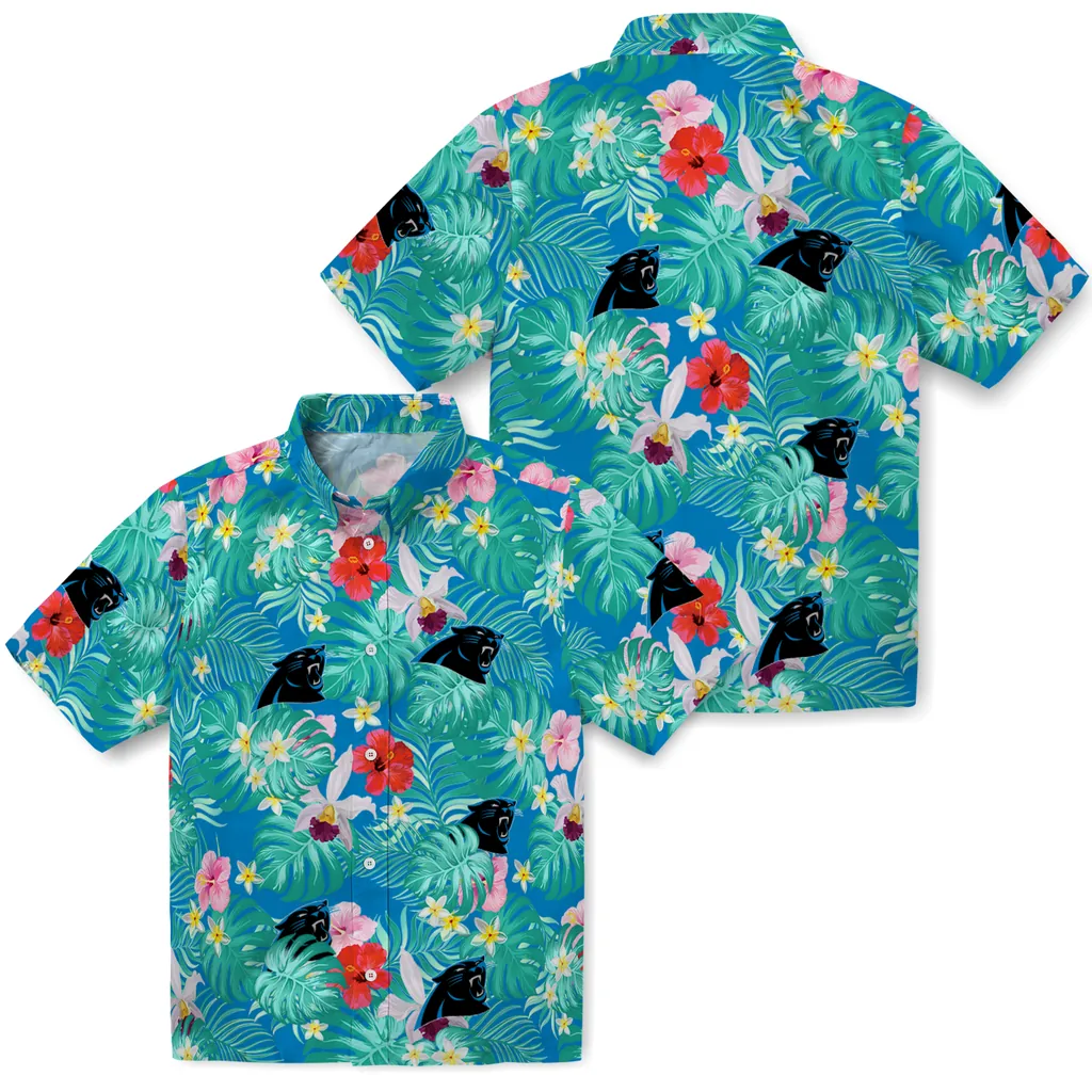 Carolina Panthers Hawaiian Shirt Custom Hibiscus Blossoms Blue High Quality Carolina Panthers Hawaiian Shirt Custom Hibiscus Blossoms Blue High Quality