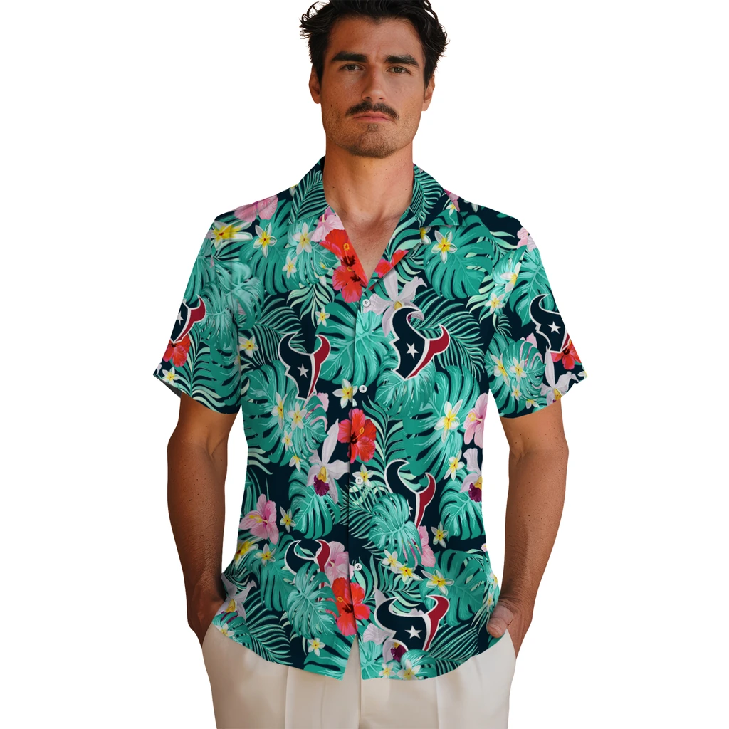 Houston Texans Hawaiian Shirt Personalized Hibiscus Blossoms Blue Fashion Forward Houston Texans Hawaiian Shirt Personalized Hibiscus Blossoms Blue Fashion Forward