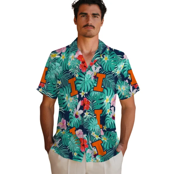 Illinois Fighting Illini Hawaiian Shirt Personalized Hibiscus Blossoms Blue Fashion Forward