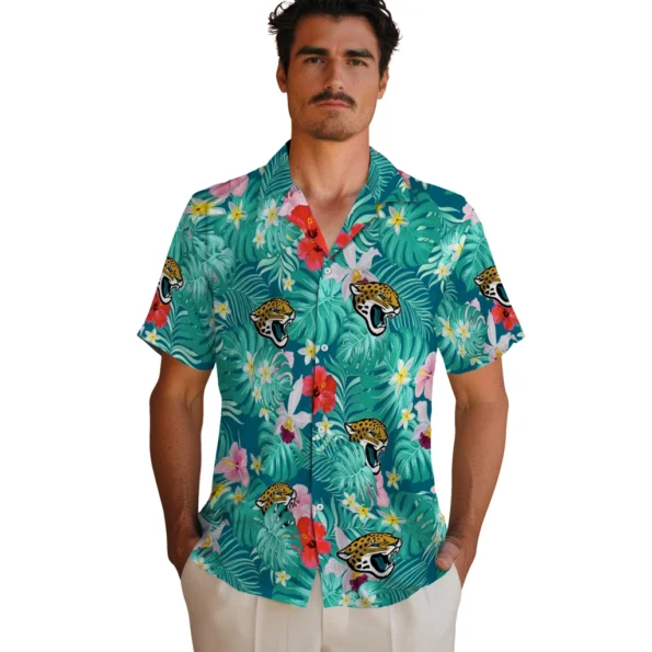 Jacksonville Jaguars Hawaiian Shirt Customized Hibiscus Blossoms Teal Fashion Forward