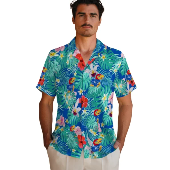 Kansas Jayhawks Hawaiian Shirt Customized Hibiscus Blossoms Blue Fashion Forward
