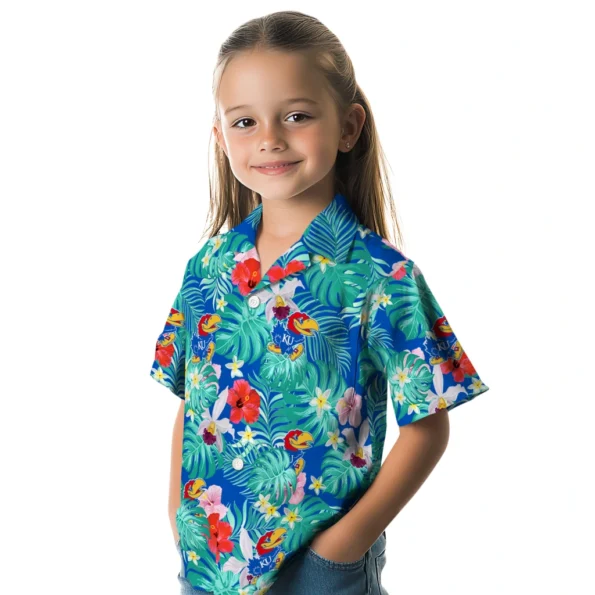 Kansas Jayhawks Hawaiian Shirt Customized Hibiscus Blossoms Blue Premium Grade