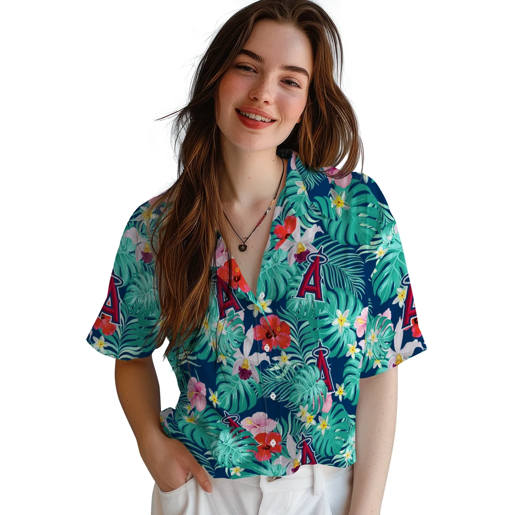 Los Angeles Angels Hawaiian Shirt Customized Hibiscus Blossoms Blue Latest Model Los Angeles Angels Hawaiian Shirt Customized Hibiscus Blossoms Blue Latest Model