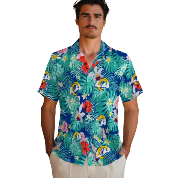 Los Angeles Rams Hawaiian Shirt Personalized Hibiscus Blossoms Blue Fashion Forward Los Angeles Rams Hawaiian Shirt Personalized Hibiscus Blossoms Blue Fashion Forward