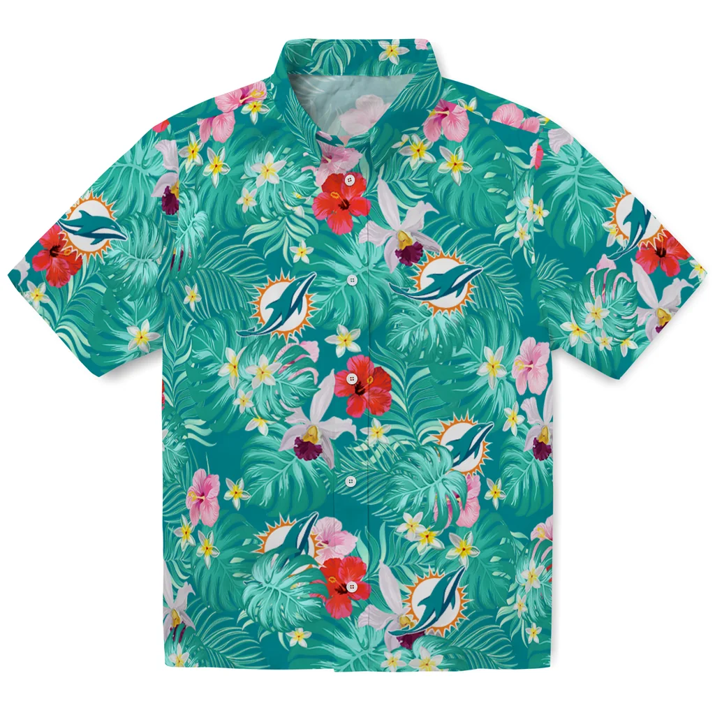 Miami Dolphins Hawaiian Shirt Custom Hibiscus Blossoms Aqua Best Selling Miami Dolphins Hawaiian Shirt Custom Hibiscus Blossoms Aqua Best Selling