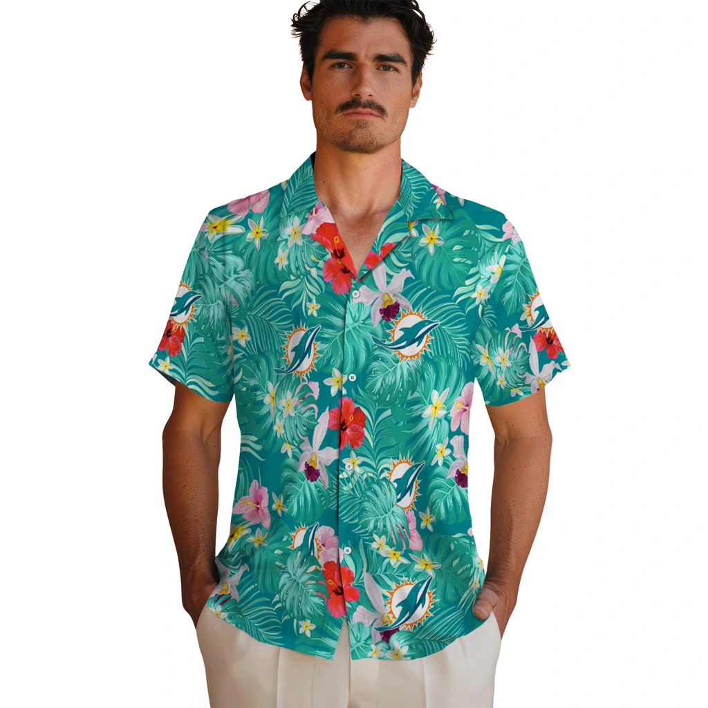 Miami Dolphins Hawaiian Shirt Custom Hibiscus Blossoms Aqua Fashion Forward Miami Dolphins Hawaiian Shirt Custom Hibiscus Blossoms Aqua Fashion Forward