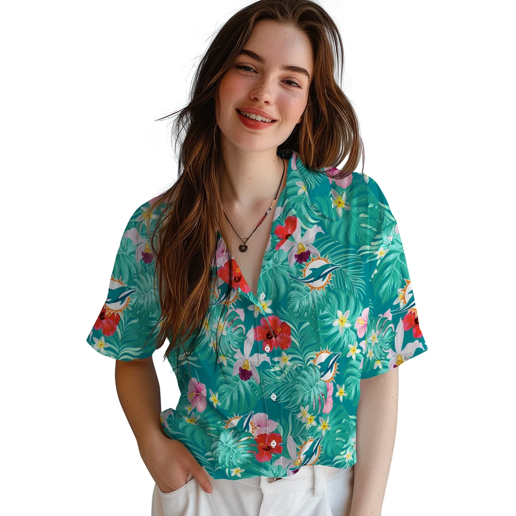 Miami Dolphins Hawaiian Shirt Custom Hibiscus Blossoms Aqua Latest Model Miami Dolphins Hawaiian Shirt Custom Hibiscus Blossoms Aqua Latest Model