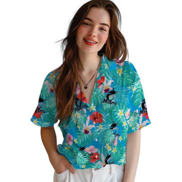 Miami Marlins Hawaiian Shirt Custom Hibiscus Blossoms Blue Latest Model