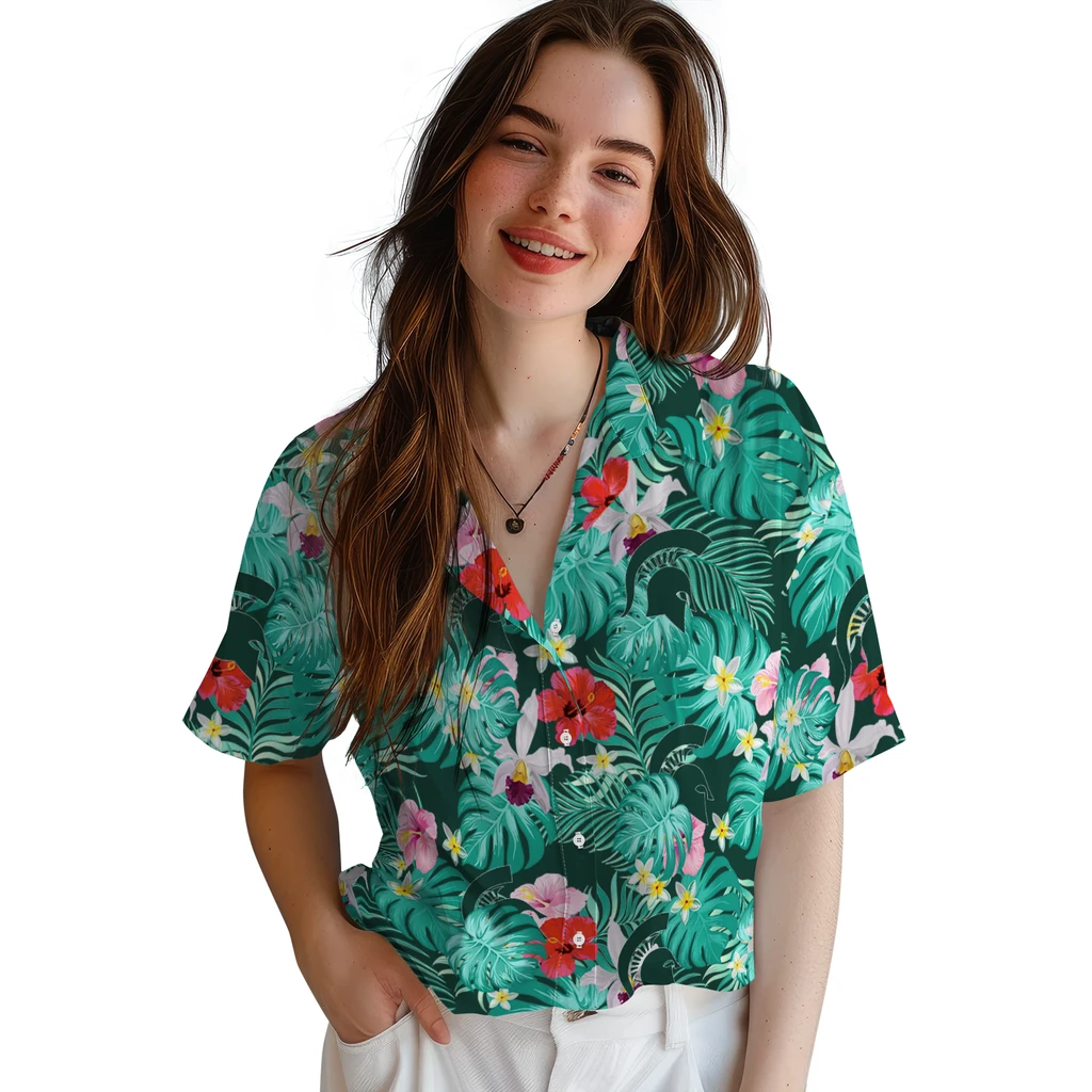 Michigan State Spartans Hawaiian Shirt Customized Hibiscus Blossoms Green Latest Model Michigan State Spartans Hawaiian Shirt Customized Hibiscus Blossoms Green Latest Model