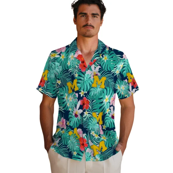 Michigan Wolverines Hawaiian Shirt Personalized Hibiscus Blossoms Blue Fashion Forward