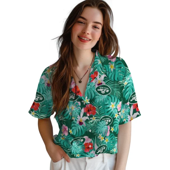 New York Jets Hawaiian Shirt Personalized Hibiscus Blossoms Green Latest Model New York Jets Hawaiian Shirt Personalized Hibiscus Blossoms Green Latest Model
