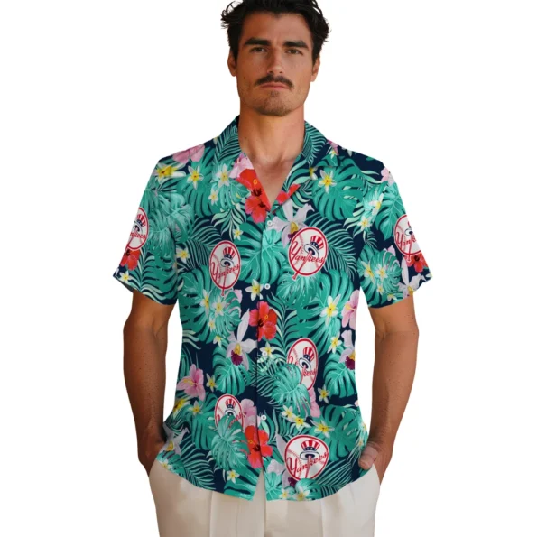 New York Yankees Hawaiian Shirt Customized Hibiscus Blossoms Navy Fashion Forward