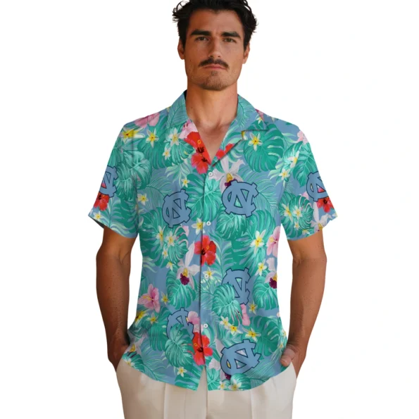 North Carolina Tar Heels Hawaiian Shirt Custom Hibiscus Blossoms Light Blue Fashion Forward