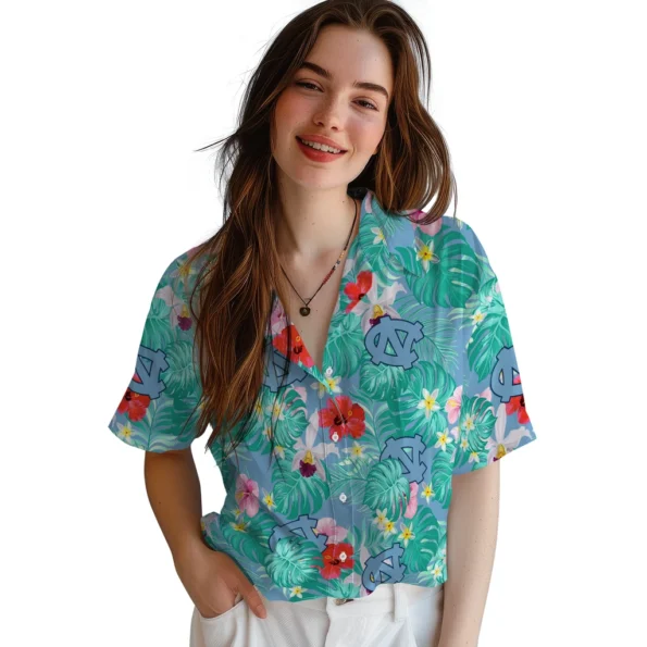 North Carolina Tar Heels Hawaiian Shirt Custom Hibiscus Blossoms Light Blue Latest Model