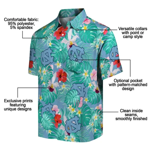 North Carolina Tar Heels Hawaiian Shirt Custom Hibiscus Blossoms Light Blue New Arrival