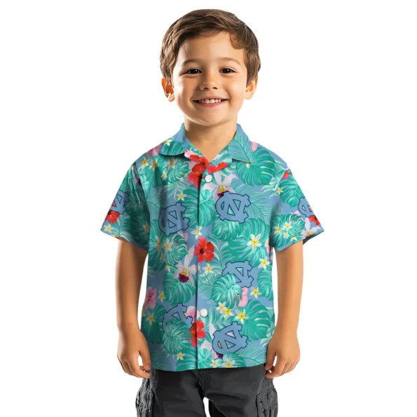 North Carolina Tar Heels Hawaiian Shirt Custom Hibiscus Blossoms Light Blue Top Rated