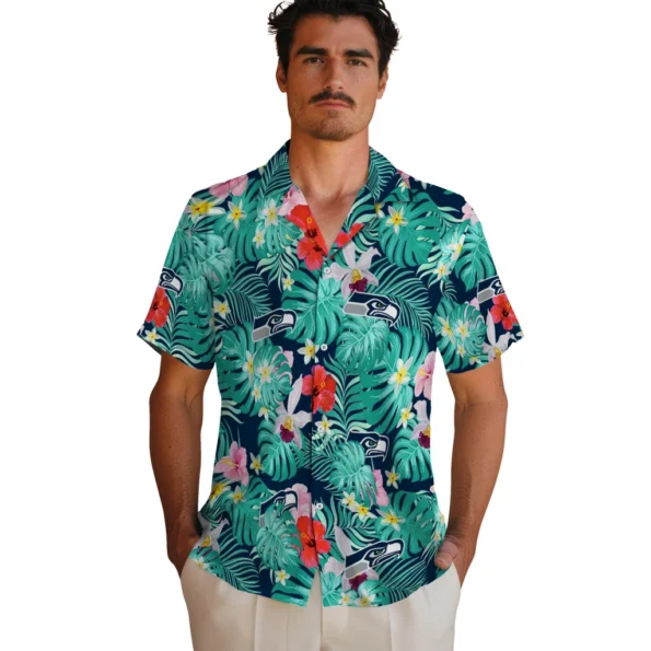Seattle Seahawks Hawaiian Shirt Custom Hibiscus Blossoms Blue Fashion Forward