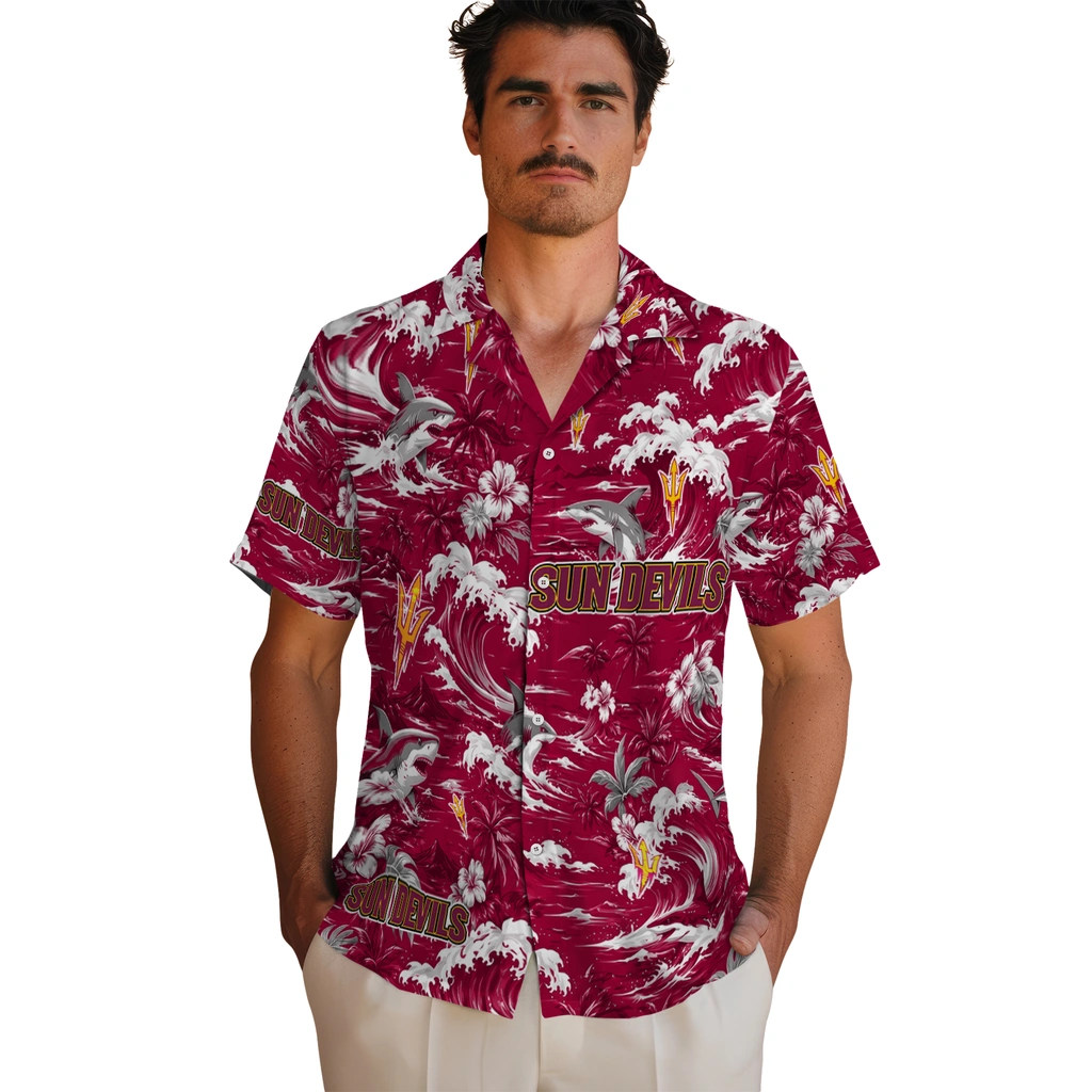 arizona-state-sun-devils-hawaiian-shirt-customized-wave-florals-maroon-fashion-forward